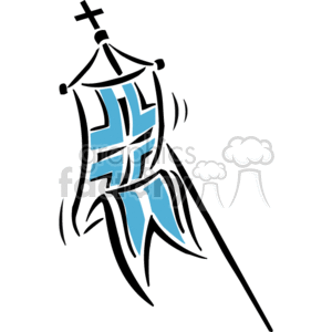   The clipart image depicts a stylized Christian flag, with a cross symbol at the top of the flagpole. The flag is flowing or fluttering, signifying movement, possibly indicating wind or the flag being carried. The cross and the flag