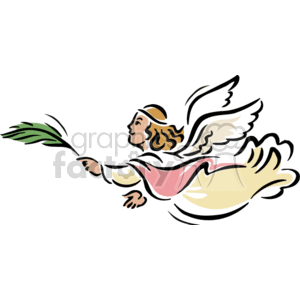 The clipart image depicts an angel, a figure commonly associated with various religions, including Christianity. The angel is stylized with wings, flowing robes, and is shown holding a branch with leaves, which might symbolize peace or an olive branch.