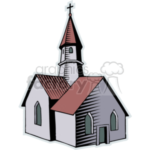 The clipart image features a stylized illustration of a traditional Christian church. The church has a red-pitched roof, a tall steeple with a cross at the top, and stained-glass windows.