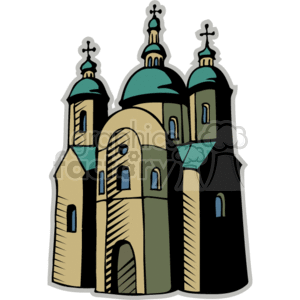The image is a clipart of a stylized, traditional Christian cathedral or church. It features distinct architectural elements such as multiple onion domes with crosses on top, a main entrance, and arched windows. The building is depicted with bold outlines and has a slightly cartoonish look while maintaining elements that suggest an Eastern Orthodox style.