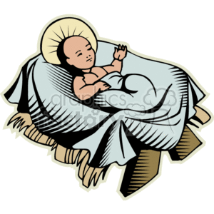 The clipart image depicts a baby with a halo lying in a manger. The baby is swaddled in a blue blanket, with a serene expression on its face. This image is commonly associated with the Christian nativity scene, representing Jesus Christ as an infant.