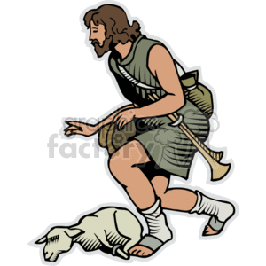 The clipart image shows a biblical scene that likely represents a shepherd from Christian religious context. The character is depicted in traditional shepherd attire, carrying a sack and a shepherd's crook, stepping over a lamb which appears to be lying on the ground – potentially symbolizing care for or sacrifice of the lamb within Christian narratives.