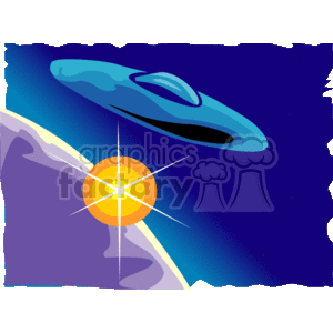   The image is a stylized illustration of a UFO (unidentified flying object) or spaceship that appears to be flying in outer space. The colors are vibrant, and the UFO has a classic flying saucer design, with a dominant blue color and black windows or details. In the background, there