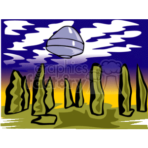 This clipart image features a UFO (Unidentified Flying Object) or spaceship hovering in a twilight sky with clouds. Below, there is an area with green, tree-like structures. The vibe of the image is otherworldly and fits within the Sci-Fi genre.