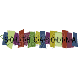 The image is a colorful, stylized representation of the words SOUTH CAROLINA with each letter presented in a different color and slightly rotated as if standing upright on an unseen surface. 