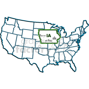   The clipart image shows an outline map of the United States with the state of Iowa highlighted. Inside the highlighted area of Iowa, there are indicators pointing to specific locations within the state, including Sioux City, Des Moines, and Iowa City. Additionally, there
