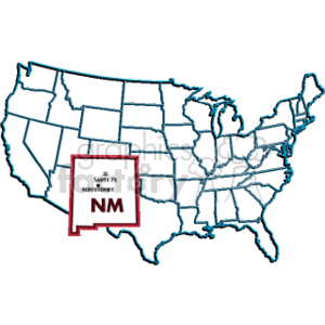 The clipart image features a simplified outline map of the United States with the state of New Mexico highlighted. Adjacent to New Mexico is a sign or symbol representing the state, labeled with NM for New Mexico and SANTA FE above it, indicating Santa Fe as the capital of New Mexico.