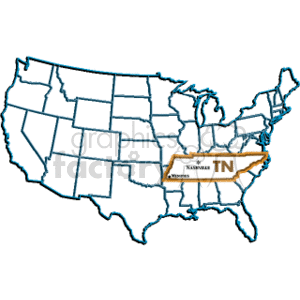   The image is a simplified outline map of the United States featuring all state boundaries. The state of Tennessee is highlighted, with an emphasis on its central location within the eastern part of the United States. An inset label over Tennessee shows its postal abbreviation TN and points out Nashville, the state