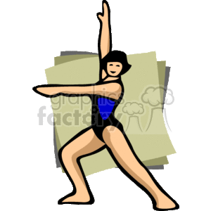 The image is a clipart illustration showing a woman in an exercise pose. She appears to be engaged in some form of fitness routine, possibly aerobics or a stretching exercise. The woman is wearing a one-piece workout outfit, which is predominantly black with blue coloring on the side.