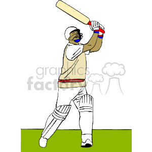 The clipart image depicts a cricket batsman ready to hit a ball. The batsman is wearing traditional cricket gear which includes batting pads, gloves, a helmet, and is holding a cricket bat. The image is stylized with bold outlines and block colors, ideal for use in sports-related content and publications.
