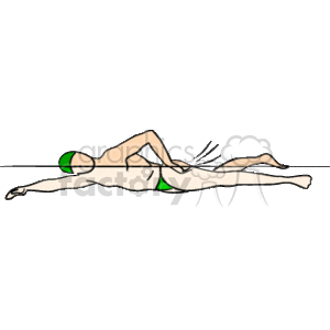 The image depicts a simplified representation of a swimmer in mid-stroke. The swimmer appears to be performing the front crawl, also known as freestyle, based on the arm position and the water ripples indicating movement. The swimmer is streamlined with one arm extended forward and the other trailing along the body, possibly at the end of a stroke or during recovery.