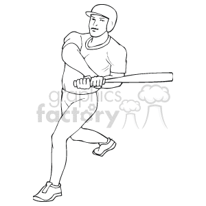 This clipart image depicts a baseball player holding a bat, ready to swing. The player is wearing a helmet, a uniform, and cleats, which are typical for a baseball athlete. The stance suggests the player is either practicing a swing or in the midst of a game action.