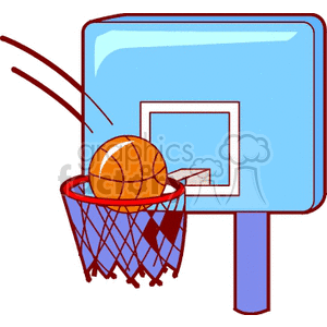 The clipart image shows an orange basketball being thrown into a basketball net. The ball has lines behind it, giving the impression of movement. The board is blue and has white lines, while the net is red. 