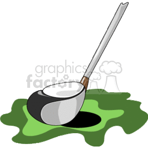 The clipart image depicts a golf driver, a type of golf club, lying on a patch of green, which represents the grass of a golf course.