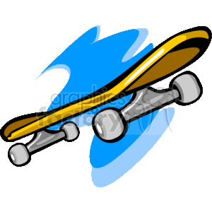 The image shows a cartoon-style depiction of a skateboard. The skateboard has a yellow deck with what appears to be a striped design, and it's equipped with metallic trucks and white wheels. There's a blue swoosh-like background that gives a sense of motion or speed, highlighting the sporty and fun aspect of skateboarding.