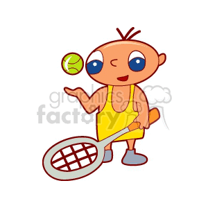 A big blue eyed cartoon boy holding a tennis racket and ball