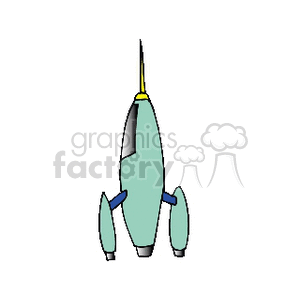 A clipart image of a cartoon rocket ship with a teal body, blue fins, and a yellow tip.