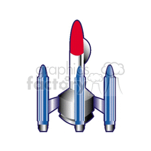 Clipart image of a rocket ship with three boosters, featuring a white and red body and blue boosters.