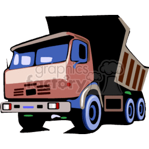 The clipart image depicts a construction dump truck. This heavy equipment truck is designed for transportation in the context of land-based construction tasks. The truck is shown with a raised tipping bed, which is typically used to unload materials like soil, sand, and gravel.