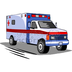 The image depicts a clipart of an ambulance, which is a vehicle used for emergency medical assistance and transportation to a medical facility. The ambulance is depicted in a side view with the emergency lights visible on the top and the recognizable medical cross symbol on the side. It has a blue and red color scheme, typical for emergency service vehicles in some regions.