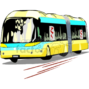 The clipart image features an articulated bus commonly used for public transportation. It is yellow and blue with windows along its side, and is shown in motion with speed lines trailing behind it.
