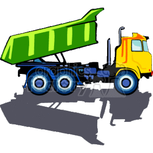 This clipart image features a colorful dump truck with its dumping bed elevated, indicating the unloading of its contents. The truck appears to be in active use, typically associated with construction or heavy-duty transportation work.