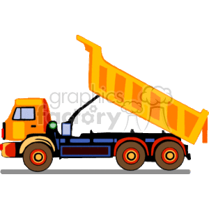 The image depicts a colorful clipart of a dump truck commonly used at construction sites for transporting and dumping heavy materials such as dirt, gravel, or demolition waste. The truck is shown with its dumping bed in a raised position, indicating it is dumping or ready to dump its load.