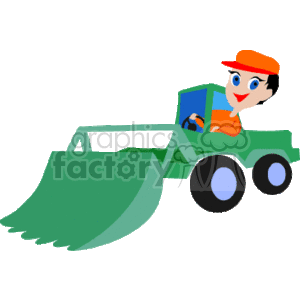   This clipart image features a cartoon of a front loader, which is a type of heavy construction equipment. The front loader has large wheels and a substantial bucket at the front for scooping materials. There