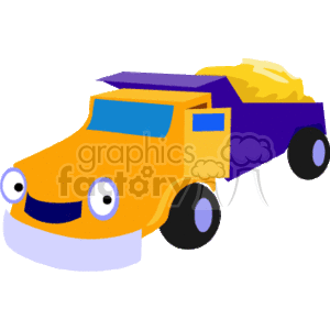   The clipart image depicts a cartoon-style dump truck typically used for transportation in construction settings. The truck has a friendly face on the front, making it appealing for children’s educational content or playful graphics. It