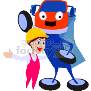 The clipart image features a cartoon-like character representing a piece of heavy construction equipment, such as a truck or cement mixer, standing next to a human character wearing a construction hard hat and work attire. The construction equipment character is anthropomorphized with a face, limbs, and headphones, giving it a friendly and approachable look.