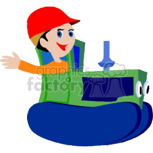   The clipart image features a cartoon character of a person operating a blue bulldozer or heavy construction tractor. The person is wearing a red hard hat, a green vest, and is waving with one hand while seated in the driver