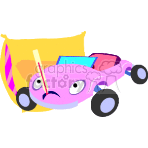 The clipart image depicts a stylized cartoon car with a sad or unwell expression, suggesting that the car is not functioning properly or is sick. The car has a droopy appearance, and there is a thermometer in its mouth, which is a common symbol for being ill. Behind the car is a semi-circular background with a gradient of yellow to red, which may imply a sense of urgency or alert.