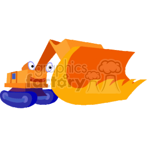The image depicts a cartoonish clipart of a front loader, which is a type of heavy construction equipment used to move or load materials such as soil, rock, sand, demolition debris, etc. This machine features a large bucket at the front which can be raised or lowered to collect material and transport it.