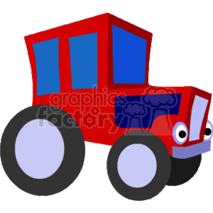 The clipart image shows a simplified, cartoon-style representation of a red tractor, which is a type of heavy equipment used in farming. It depicts the tractor with large wheels, a prominent front grille, and windows on its cabin.