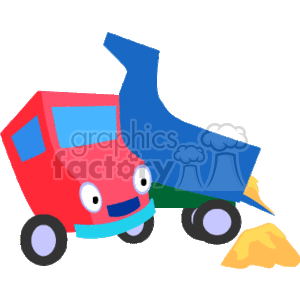   This is an image of a cartoon dump truck that is red and blue in color. The truck