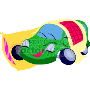   The image appears to be a playful and colorful illustration of a cartoon car. The car has a face and is personified as sleeping or resting. It