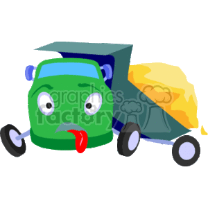   The image depicts a cartoon of a green construction dump truck with a blue dump bed that appears to be broken or damaged. The truck has a sad facial expression and its tongue sticking out, suggesting that it is not in working condition. There is a pile of yellow material, possibly sand or gravel, that is spilling out from the back of the broken dump bed onto the ground. The truck has four wheels visible and it