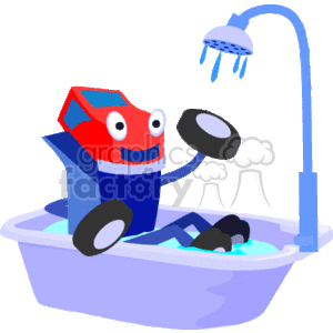 The clipart image depicts a cartoon-like, anthropomorphic red and blue truck with a smiling face and eyes. The truck is sitting in a bathtub filled with water and bubbles, with two wheels submerged in the water, as if the truck is taking a bath. Above the truck is a shower head mounted on a pole, suggesting water is running for the bath.