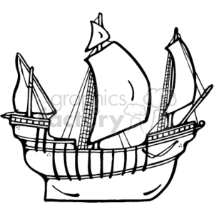 The clipart image shows a stylized version of an old-fashioned ship, which resembles the sailing boats used by pirates or explorers during the age of discovery. It features multiple sails, masts, and the rigging typical of traditional tall ships.