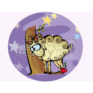A whimsical clipart illustration of a ram with curly horns, representing the Aries star sign. The ram stands beside a tree with colorful stars in the background.
