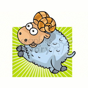 A cartoon illustration of a ram with large, curved horns, representing the Aries zodiac sign, on a green background with radiating lines.