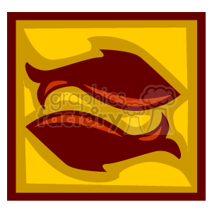 This clipart image features a stylized depiction of two fish swimming in opposite directions, which is commonly associated with the astrological sign Pisces. The image has a warm color palette with gold, red, and brown tones set against a golden yellow background, enclosed in a decorative border.