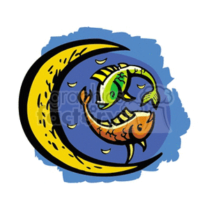 Clipart image depicting two fish swimming in opposite directions, associated with the Pisces zodiac sign, encircled by a crescent moon on a blue background.