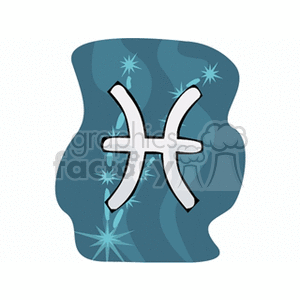 Clipart image of the Pisces zodiac symbol, featuring the two fish swimming in opposite directions depicted in a stylized, abstract design with a blue background and star-like elements.