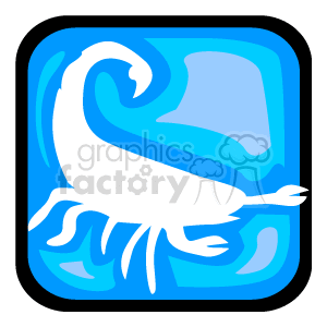 This is a stylized image depicting the Scorpio zodiac sign, represented by a white scorpion on a blue background, possibly suggesting water, which is commonly associated with this water sign. The image appears to be designed in a simple, abstract, and modern style, suitable for a variety of astrological and zodiac-themed content.