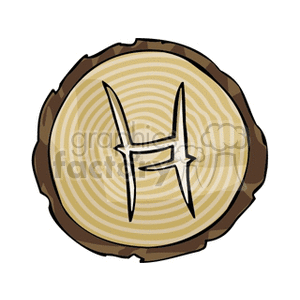 Clipart image of a wooden log slice with the horoscope symbol for Pisces engraved on it.