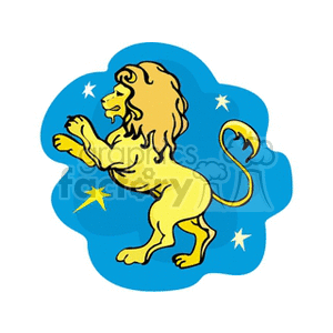 A vibrant clipart image depicting the zodiac sign Leo with a stylized yellow lion against a blue background with stars.