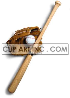 A clipart image depicting a baseball bat, a baseball glove, and a baseball.