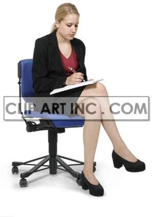 This photo shows a business woman (or possibly a secretary) sitting on a blue swivel chair with a clipboard on her lap. She has a pen in hand as if she is wriing something 