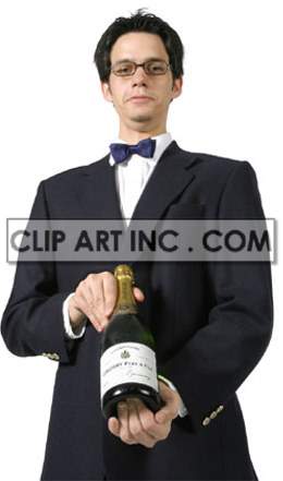 A Man in a Waiter Uniform and Glasses Holding a Bottle Ready to Serve 